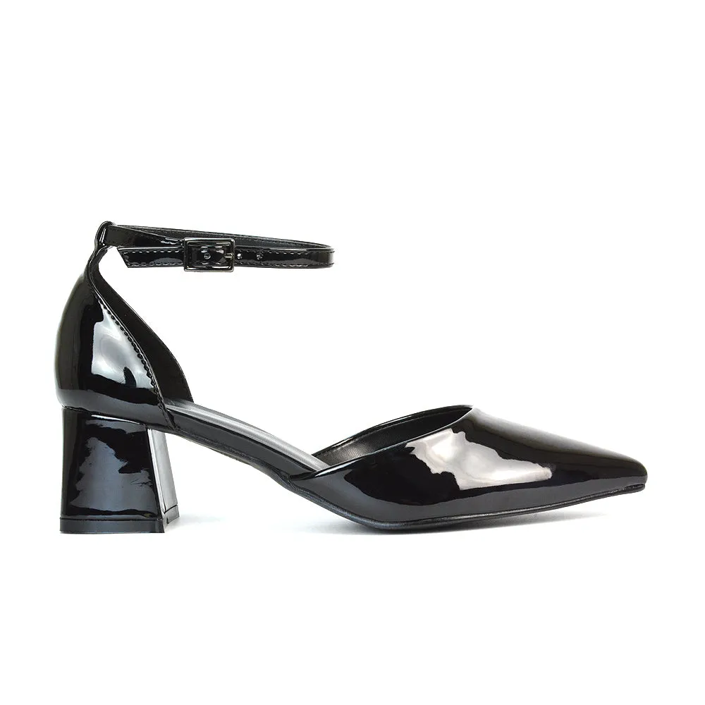Evie Low Block Heel Pointed Toe Ankle Strap Court Shoes in Red Patent