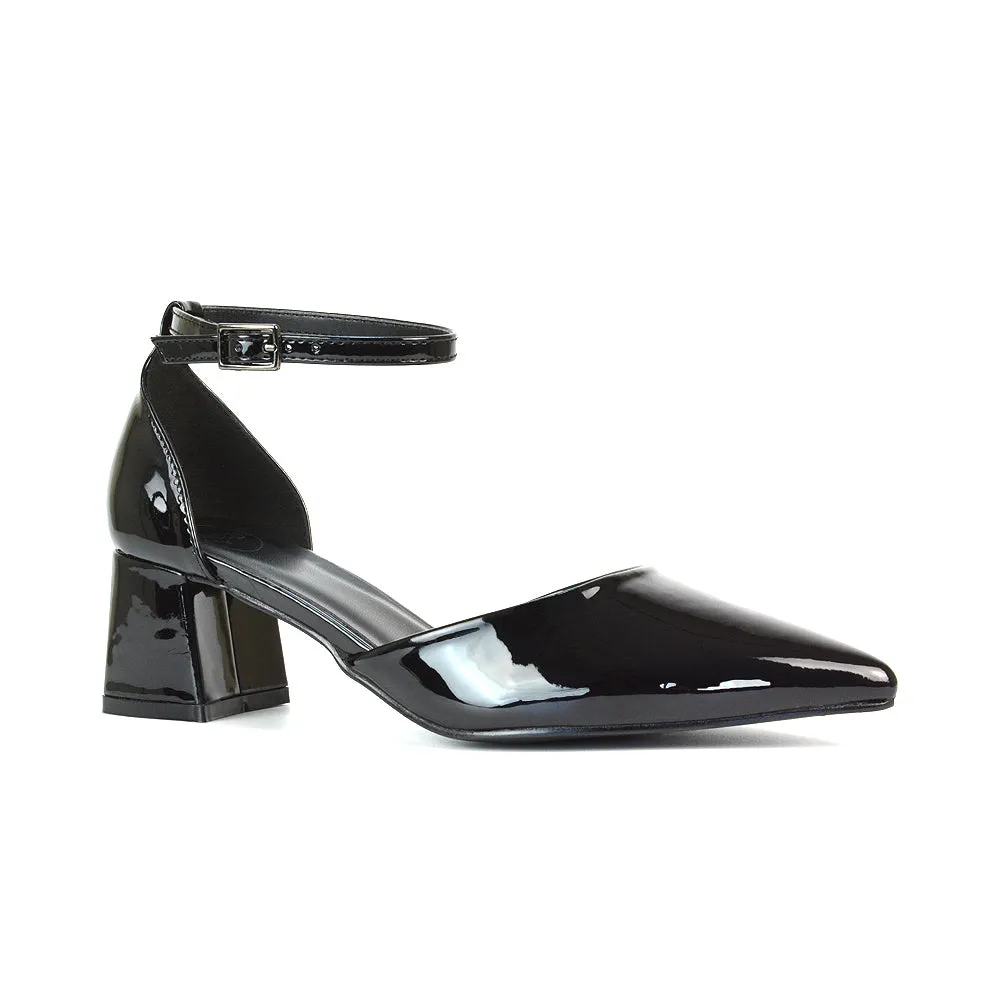 Evie Low Block Heel Pointed Toe Ankle Strap Court Shoes in Red Patent