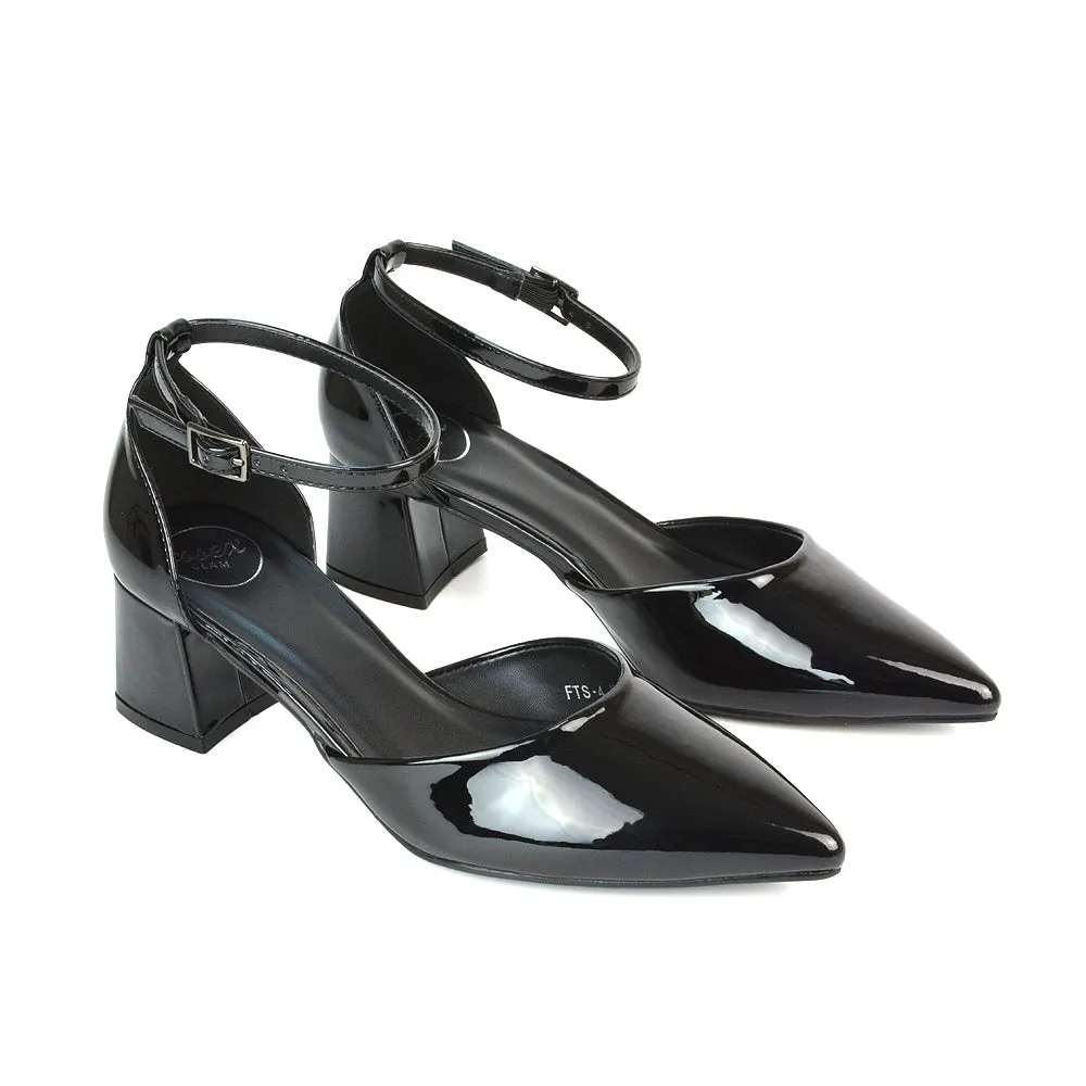 Evie Low Block Heel Pointed Toe Ankle Strap Court Shoes in Red Patent
