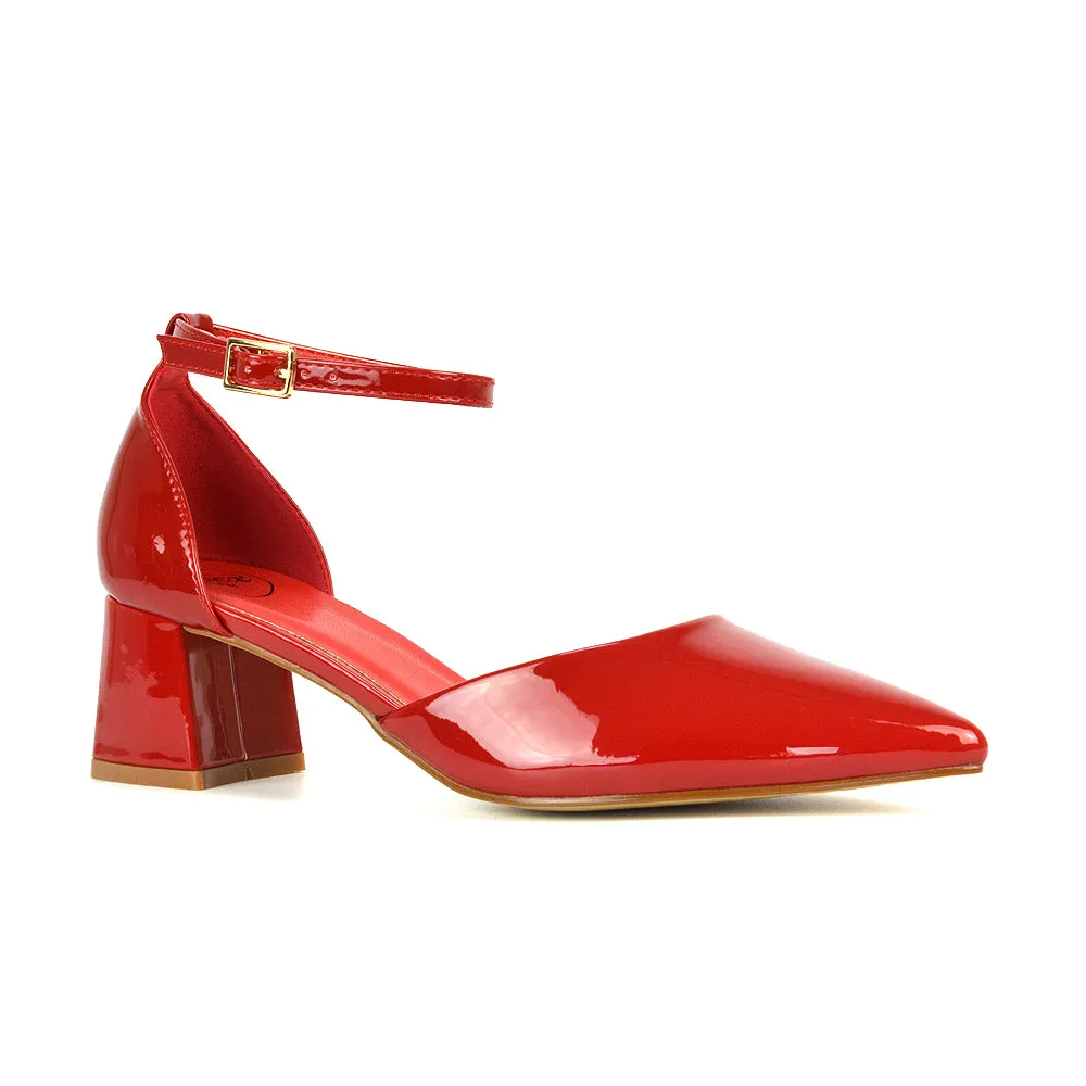 Evie Low Block Heel Pointed Toe Ankle Strap Court Shoes in Red Patent