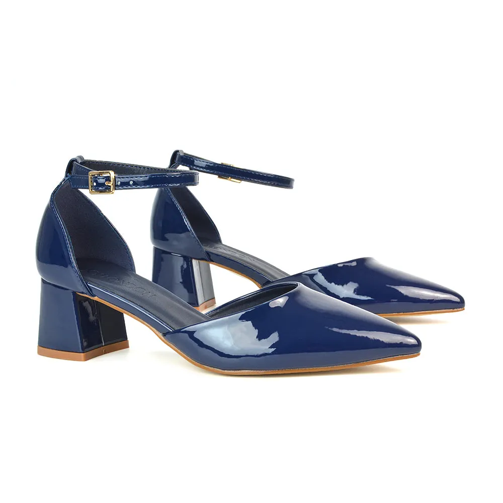 Evie Low Block Heel Pointed Toe Ankle Strap Court Shoes in Red Patent