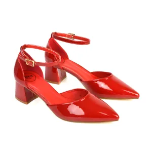 Evie Low Block Heel Pointed Toe Ankle Strap Court Shoes in Red Patent
