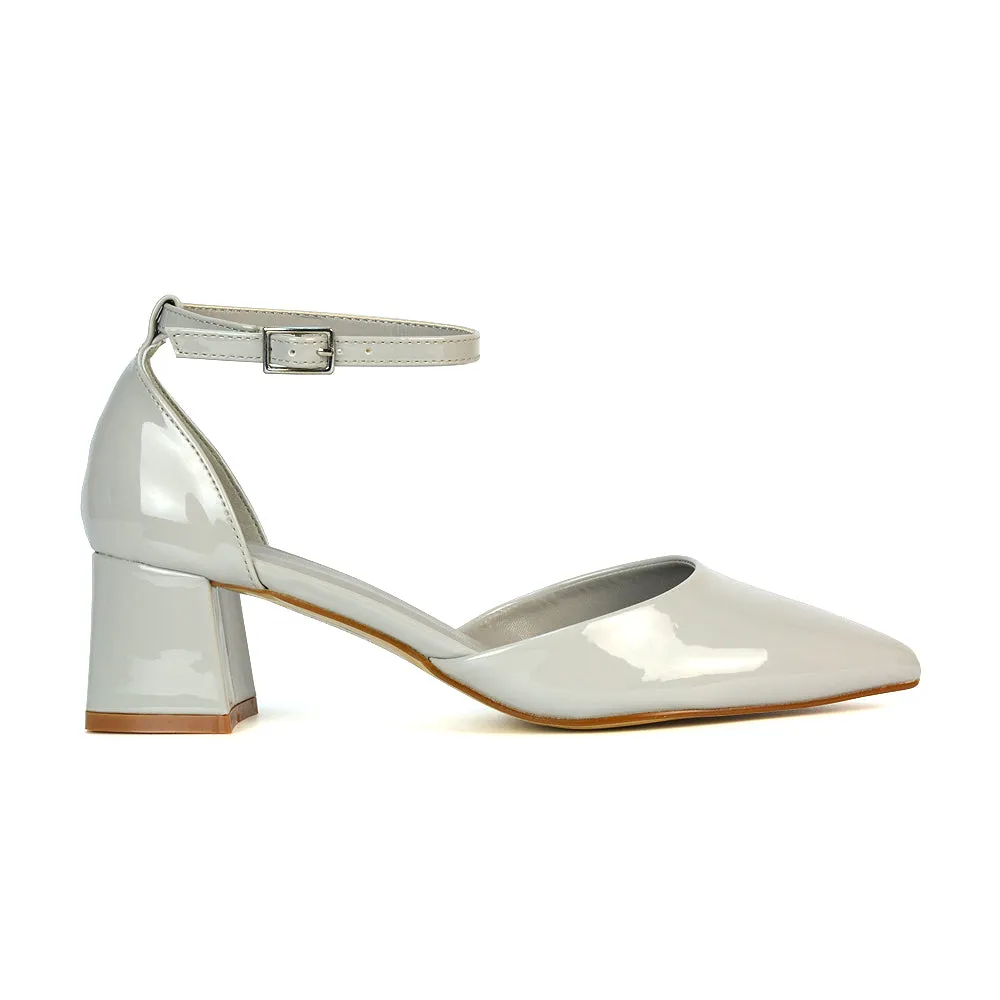 Evie Low Block Heel Pointed Toe Ankle Strap Court Shoes in Red Patent