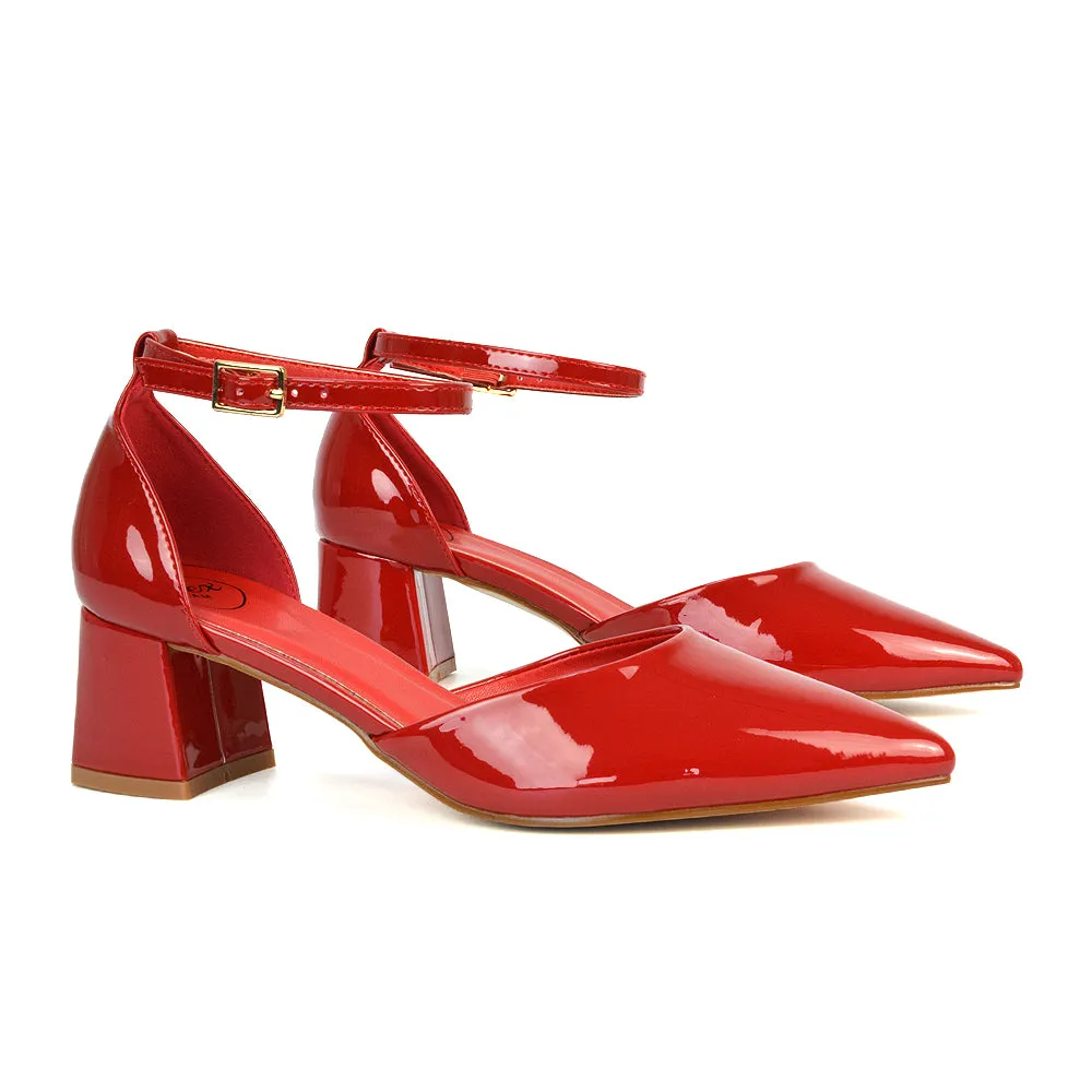 Evie Low Block Heel Pointed Toe Ankle Strap Court Shoes in Red Patent