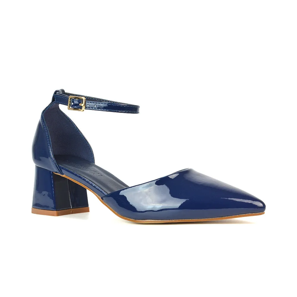 Evie Low Block Heel Pointed Toe Ankle Strap Court Shoes in Red Patent