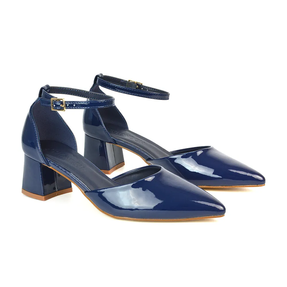 Evie Low Block Heel Pointed Toe Ankle Strap Court Shoes in Red Patent
