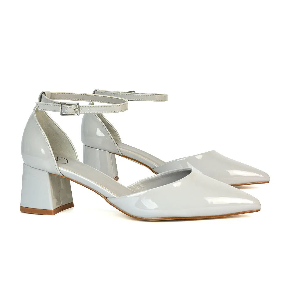 Evie Low Block Heel Pointed Toe Ankle Strap Court Shoes in Red Patent