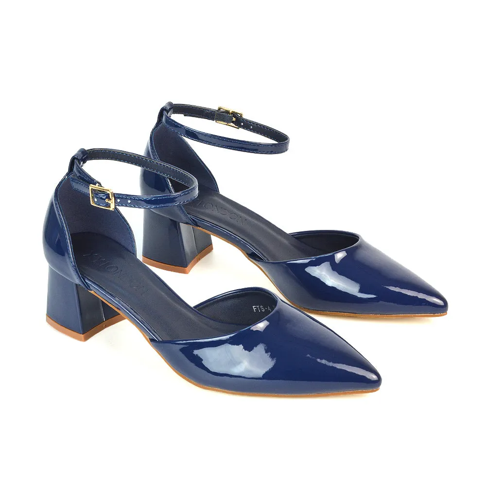 Evie Low Block Heel Pointed Toe Ankle Strap Court Shoes in Red Patent