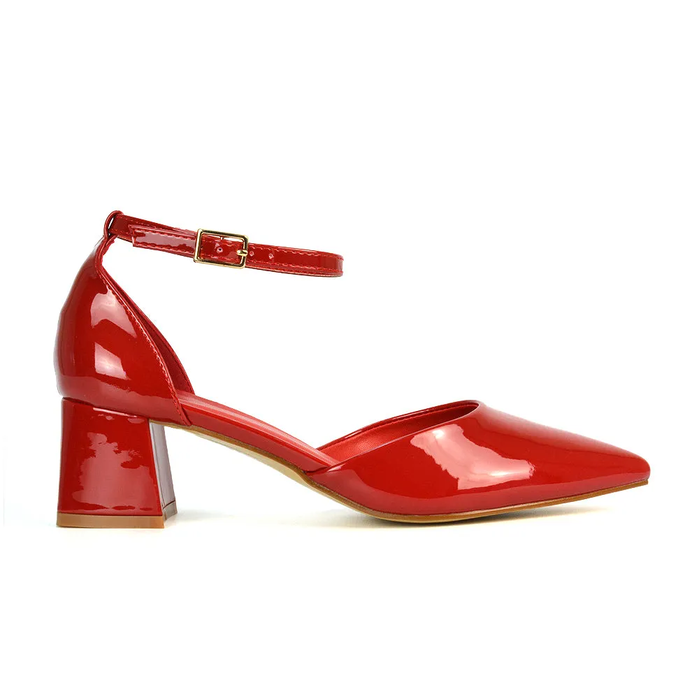 Evie Low Block Heel Pointed Toe Ankle Strap Court Shoes in Red Patent