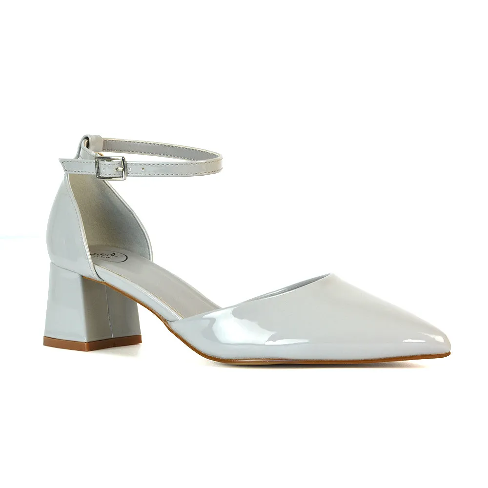 Evie Low Block Heel Pointed Toe Ankle Strap Court Shoes in Red Patent