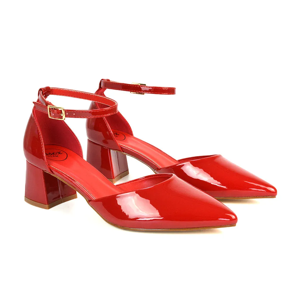 Evie Low Block Heel Pointed Toe Ankle Strap Court Shoes in Red Patent