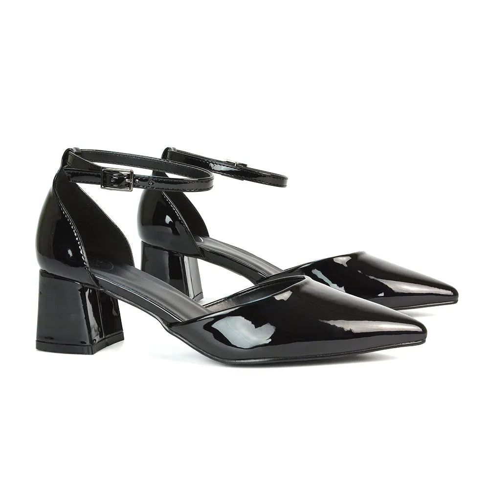 Evie Low Block Heel Pointed Toe Ankle Strap Court Shoes in Red Patent
