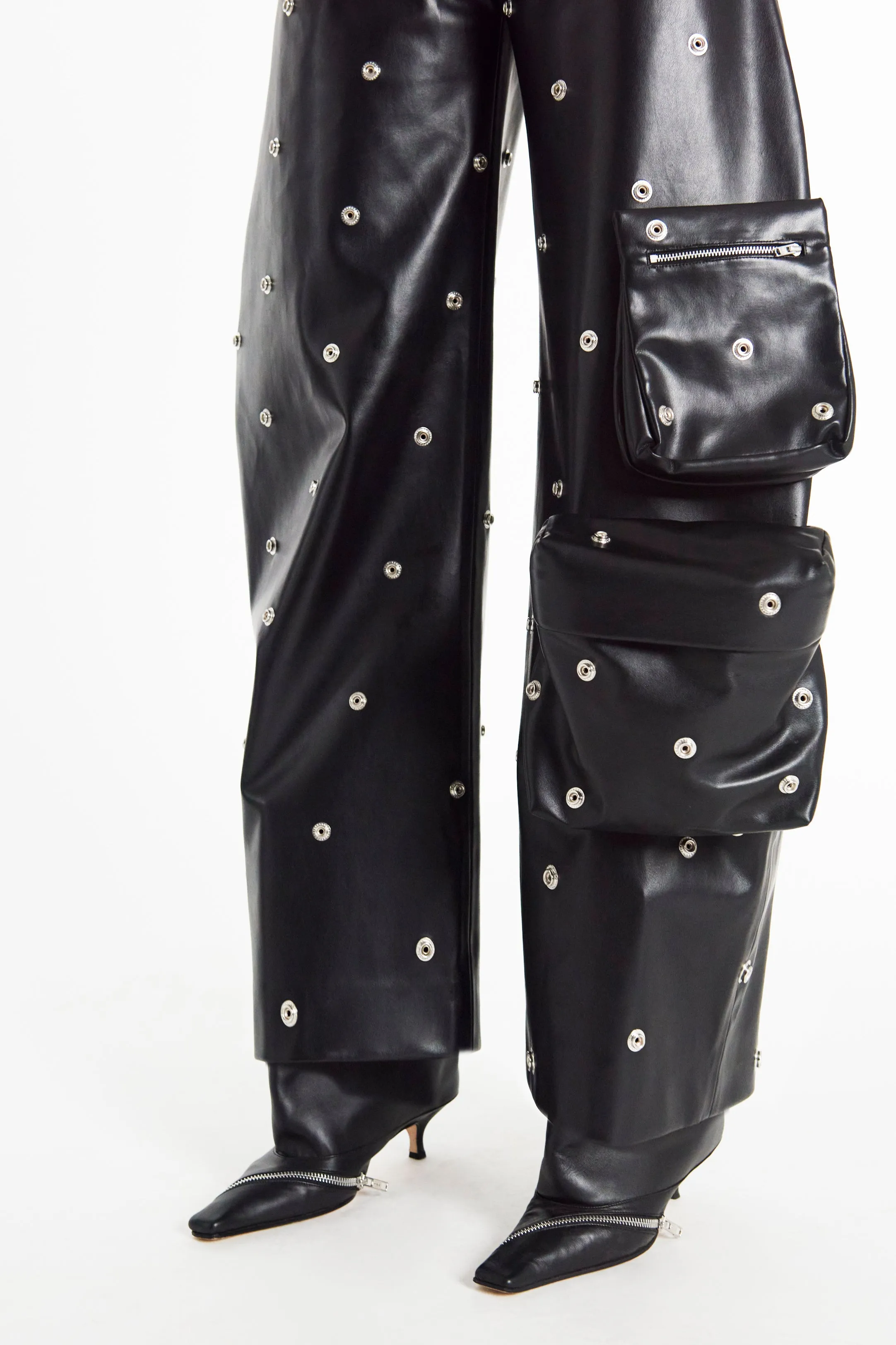 Faux Leather Stud Trouser With Snap-On Pockets Black