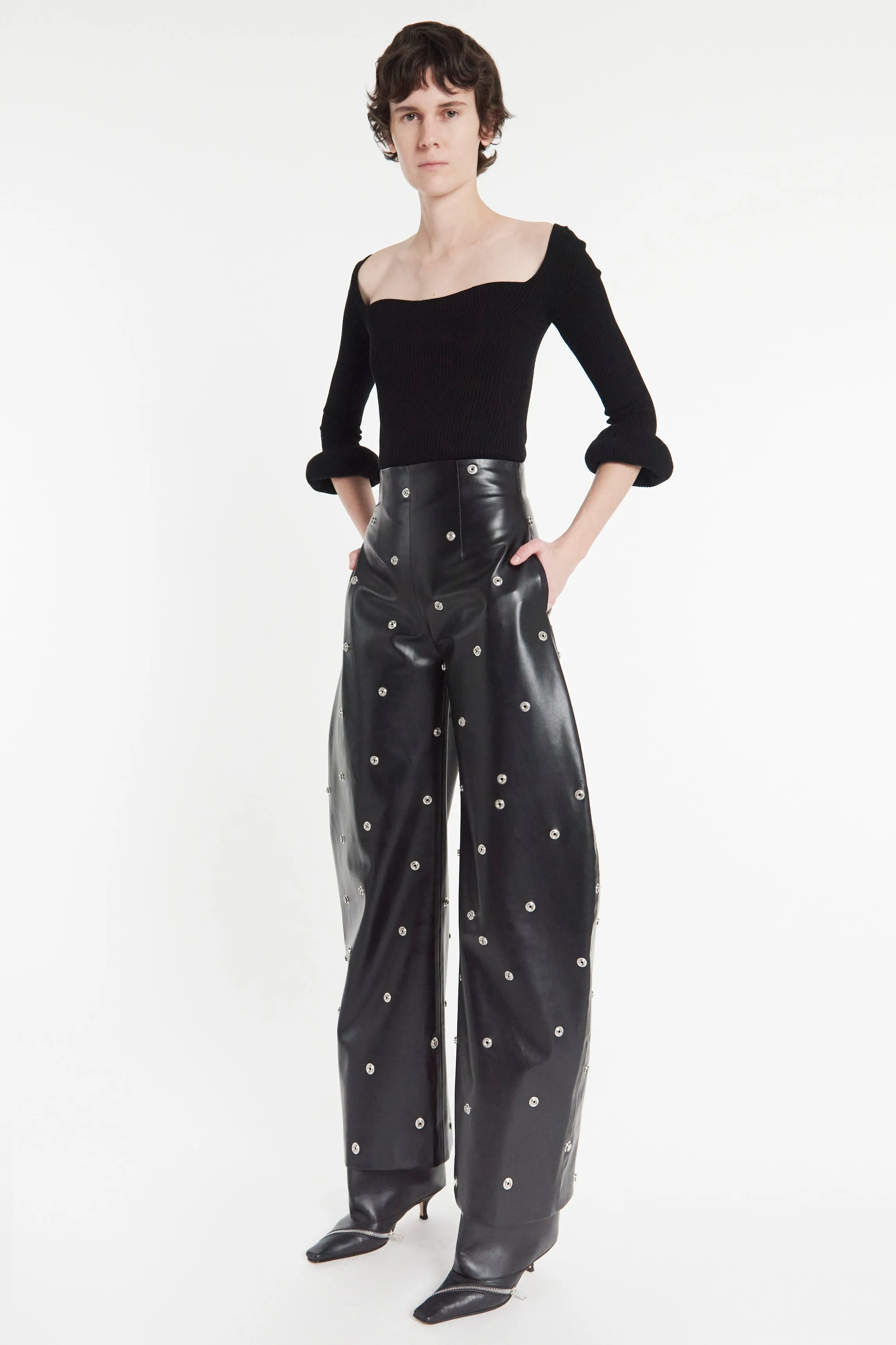 Faux Leather Stud Trouser With Snap-On Pockets Black