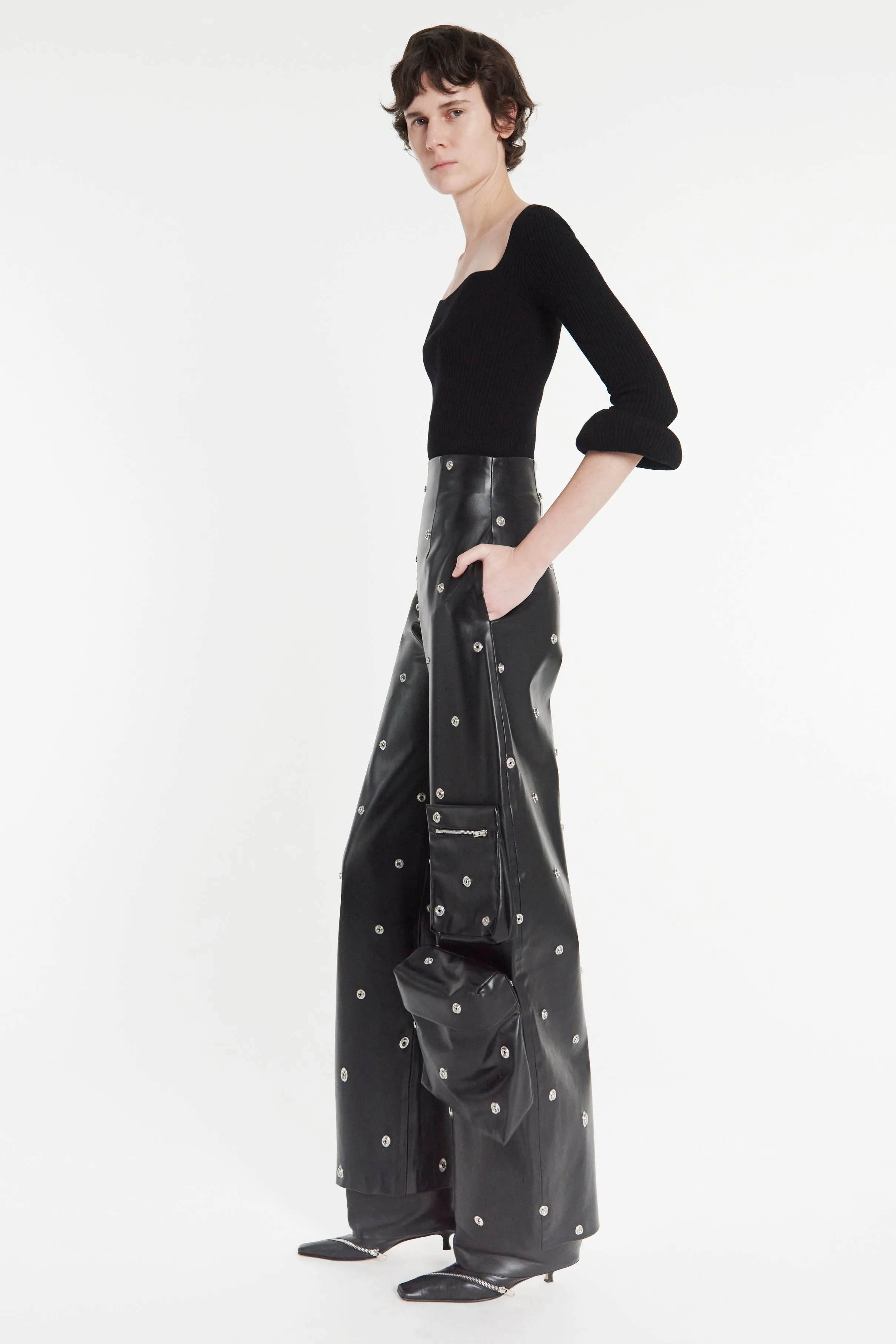 Faux Leather Stud Trouser With Snap-On Pockets Black