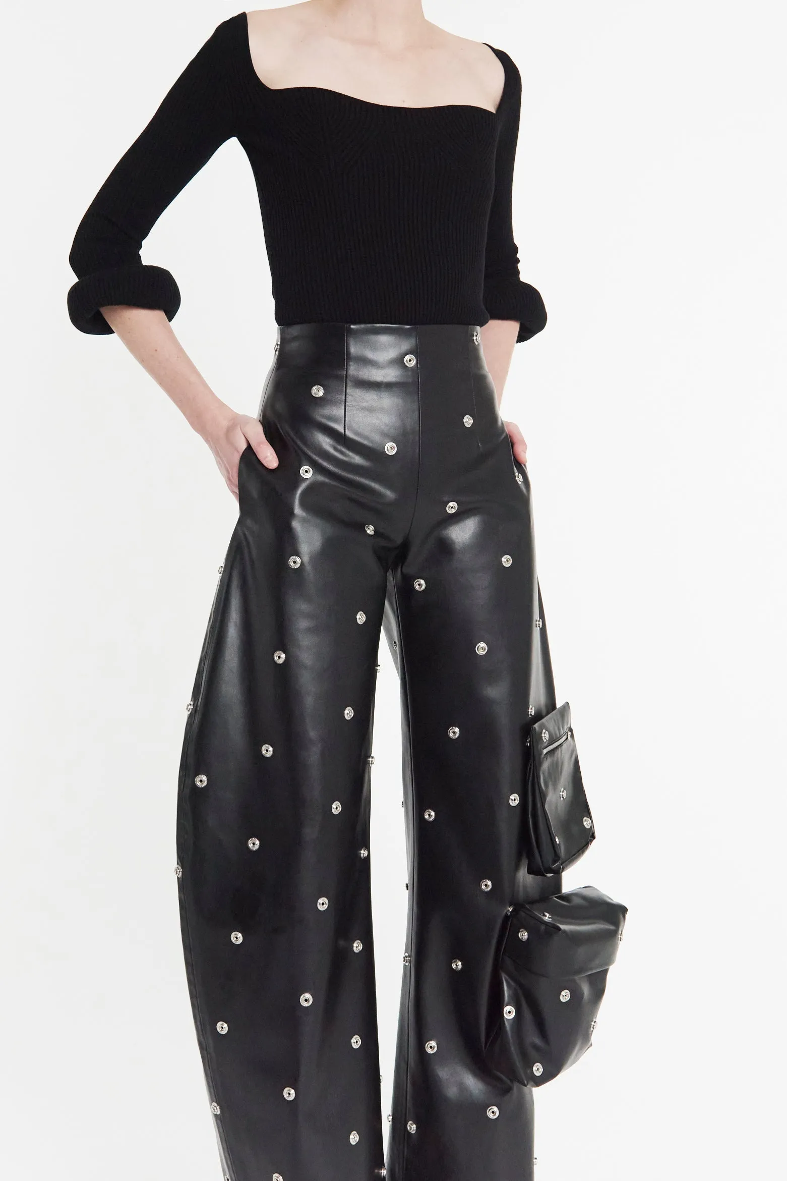 Faux Leather Stud Trouser With Snap-On Pockets Black