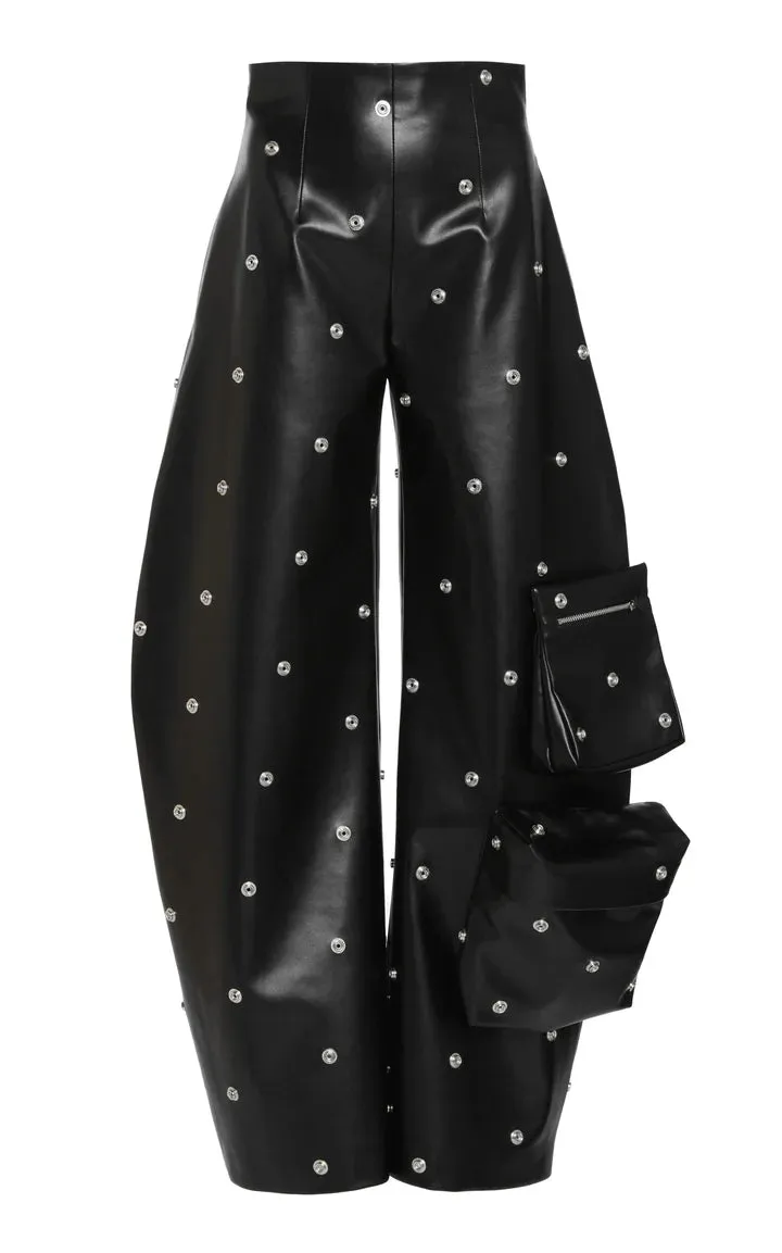 Faux Leather Stud Trouser With Snap-On Pockets Black