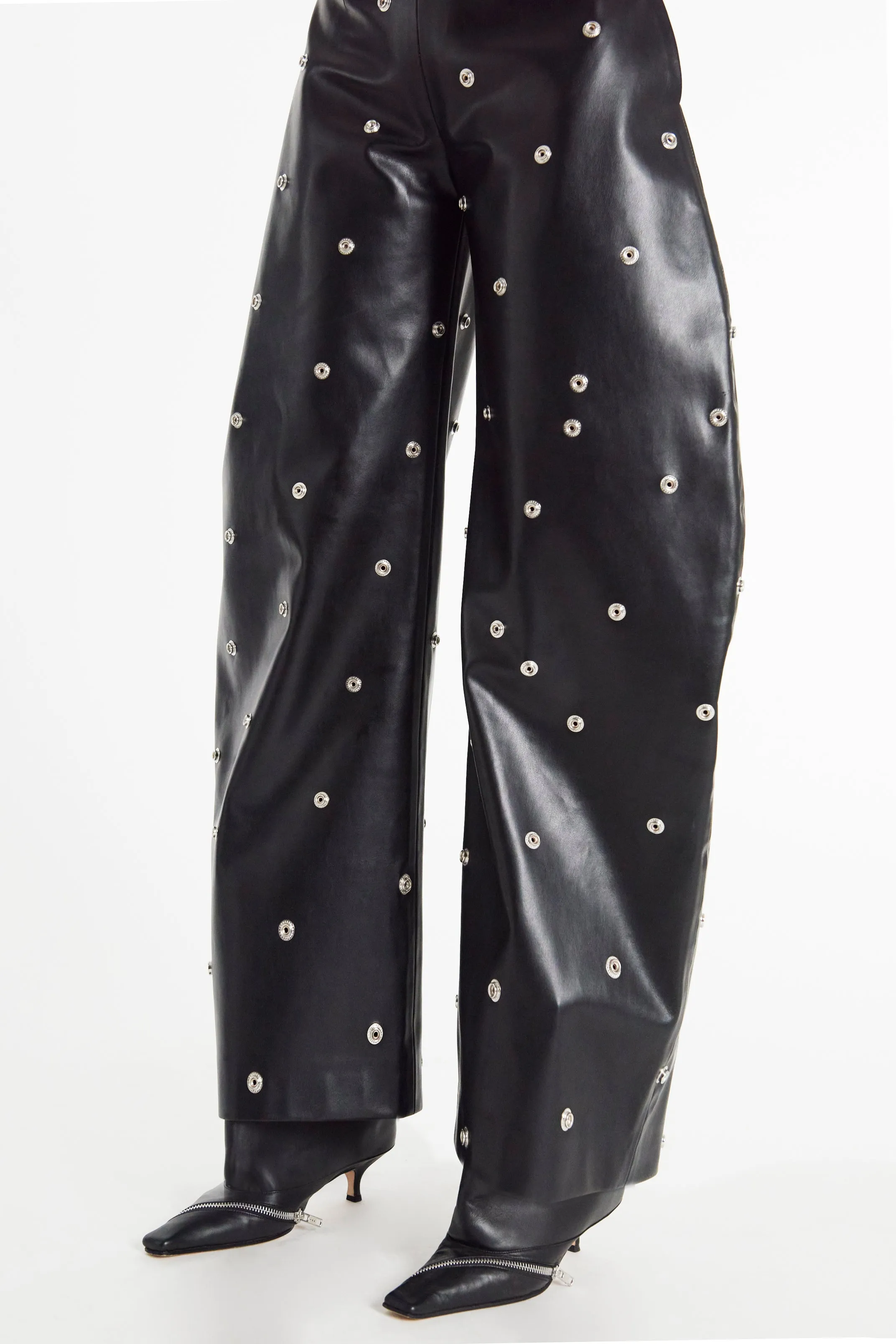 Faux Leather Stud Trouser With Snap-On Pockets Black