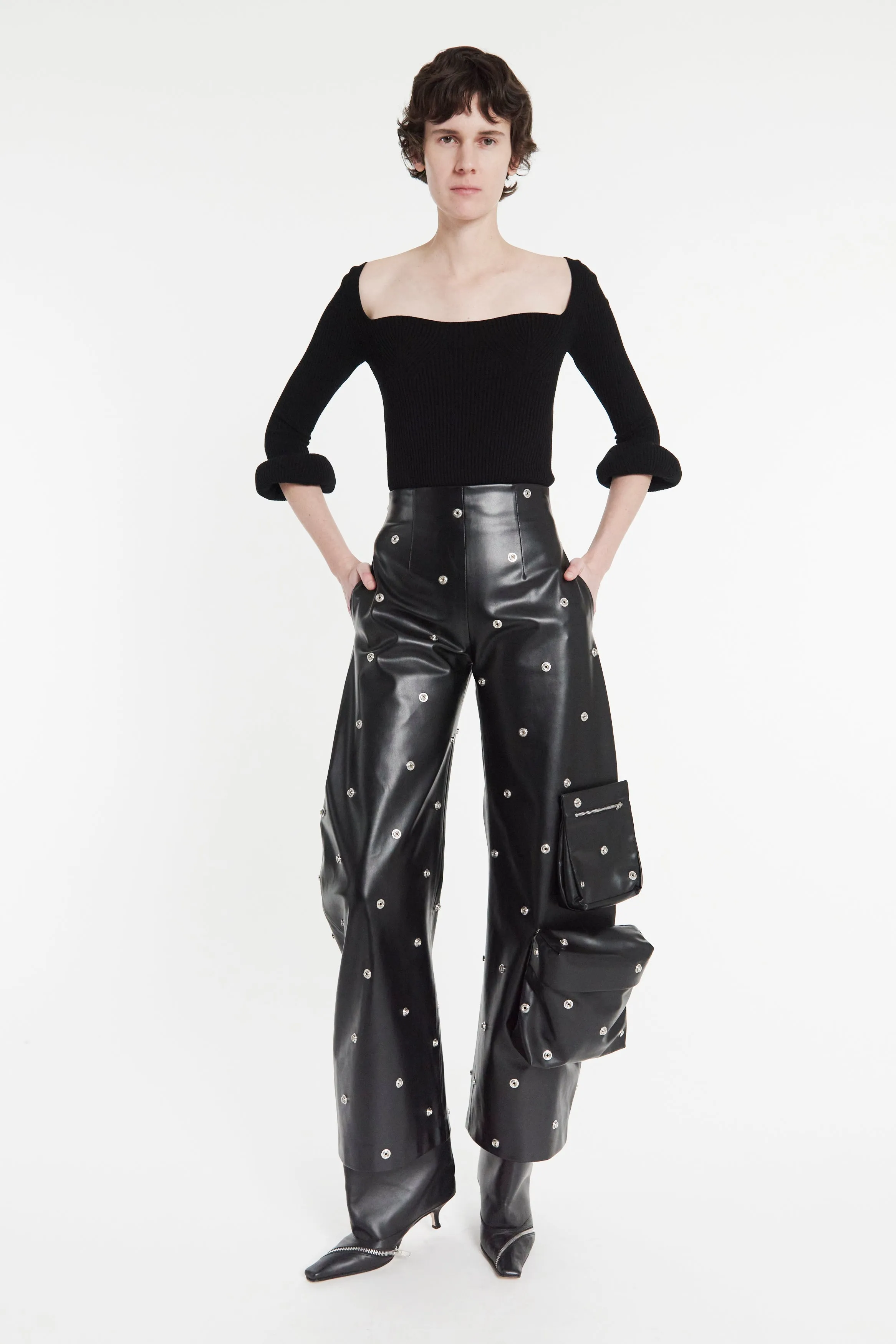 Faux Leather Stud Trouser With Snap-On Pockets Black
