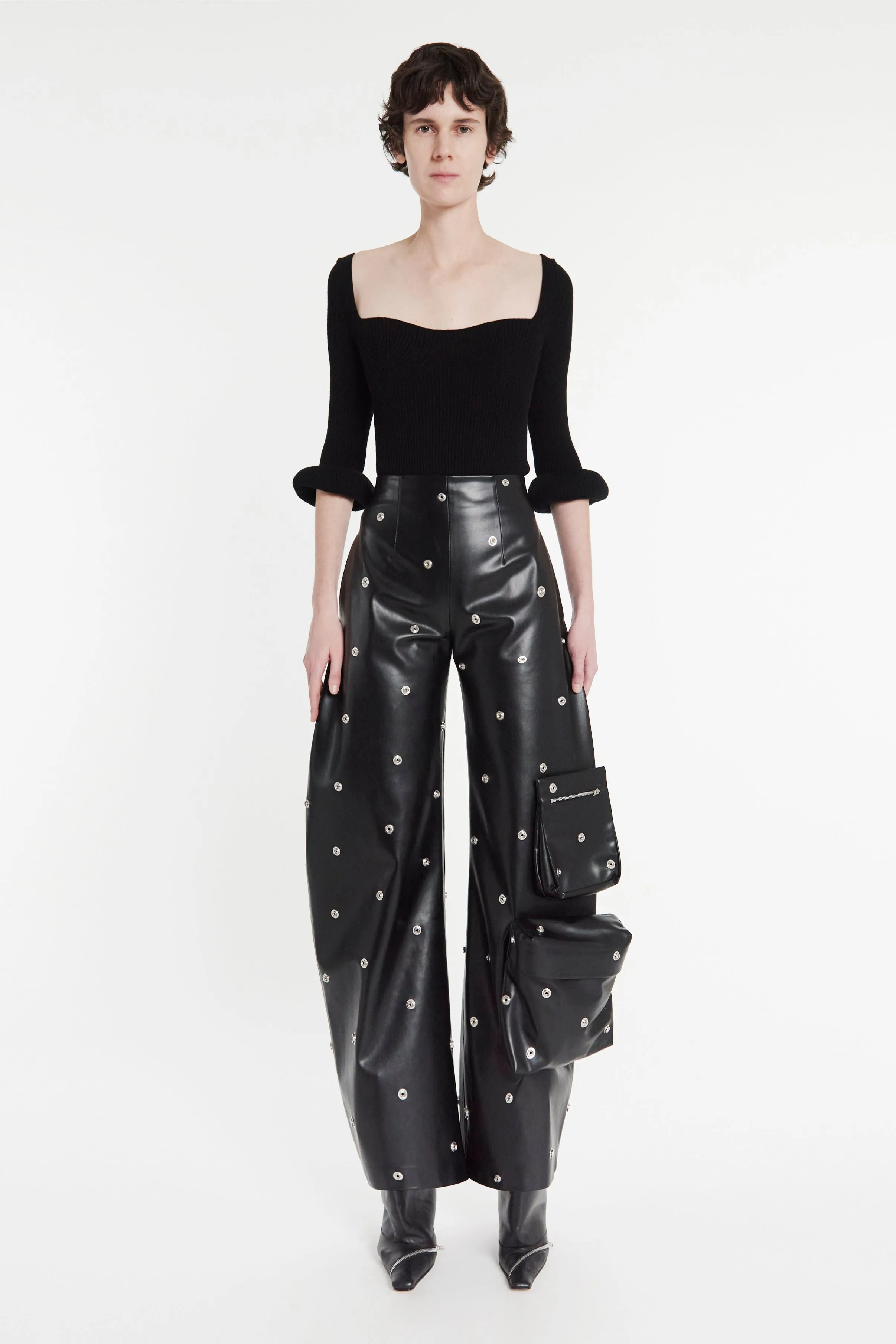 Faux Leather Stud Trouser With Snap-On Pockets Black