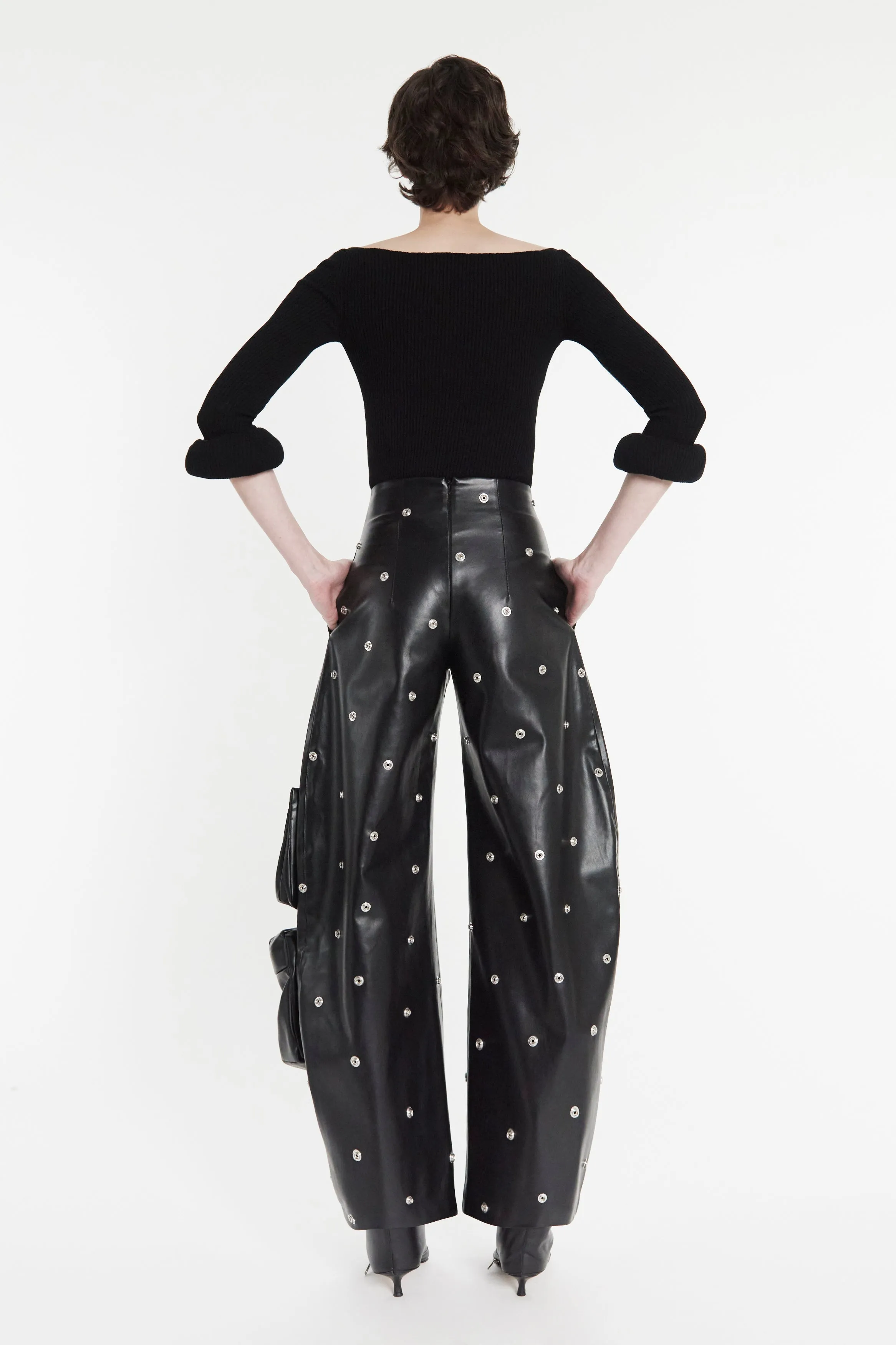 Faux Leather Stud Trouser With Snap-On Pockets Black