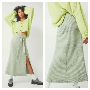 Free People S Claudia Blanket Midi Knit Skirt in Light Green Minted Jade w Slit