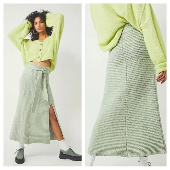 Free People S Claudia Blanket Midi Knit Skirt in Light Green Minted Jade w Slit