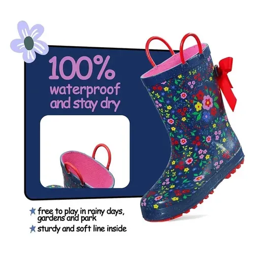 Girl Rain Boots Rubber Flowers Kids Shoes - KKOMFORME