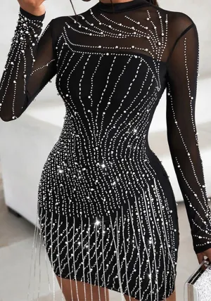 Glamorous Mesh Beaded Tassel Dress with Daring Suspender Design