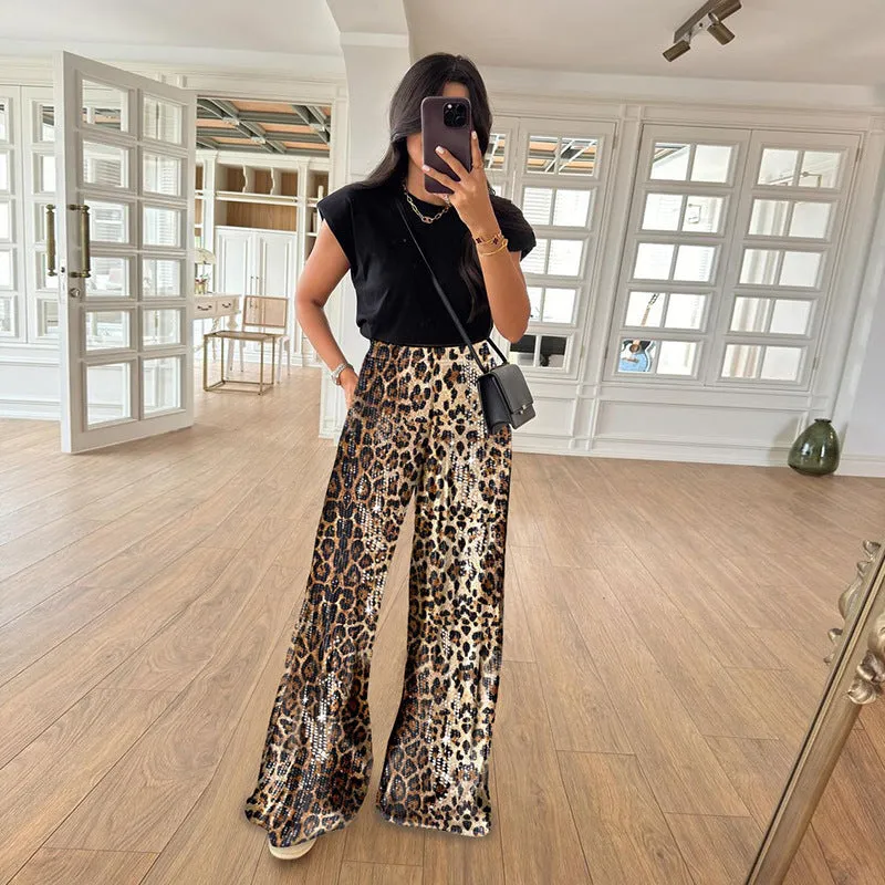 Glamorous Wide-Leg Leopard Sequin Pants for Bold Elegance