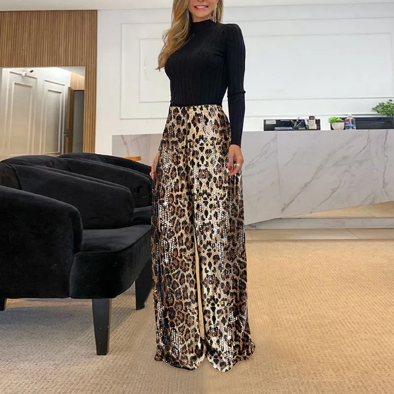 Glamorous Wide-Leg Leopard Sequin Pants for Bold Elegance