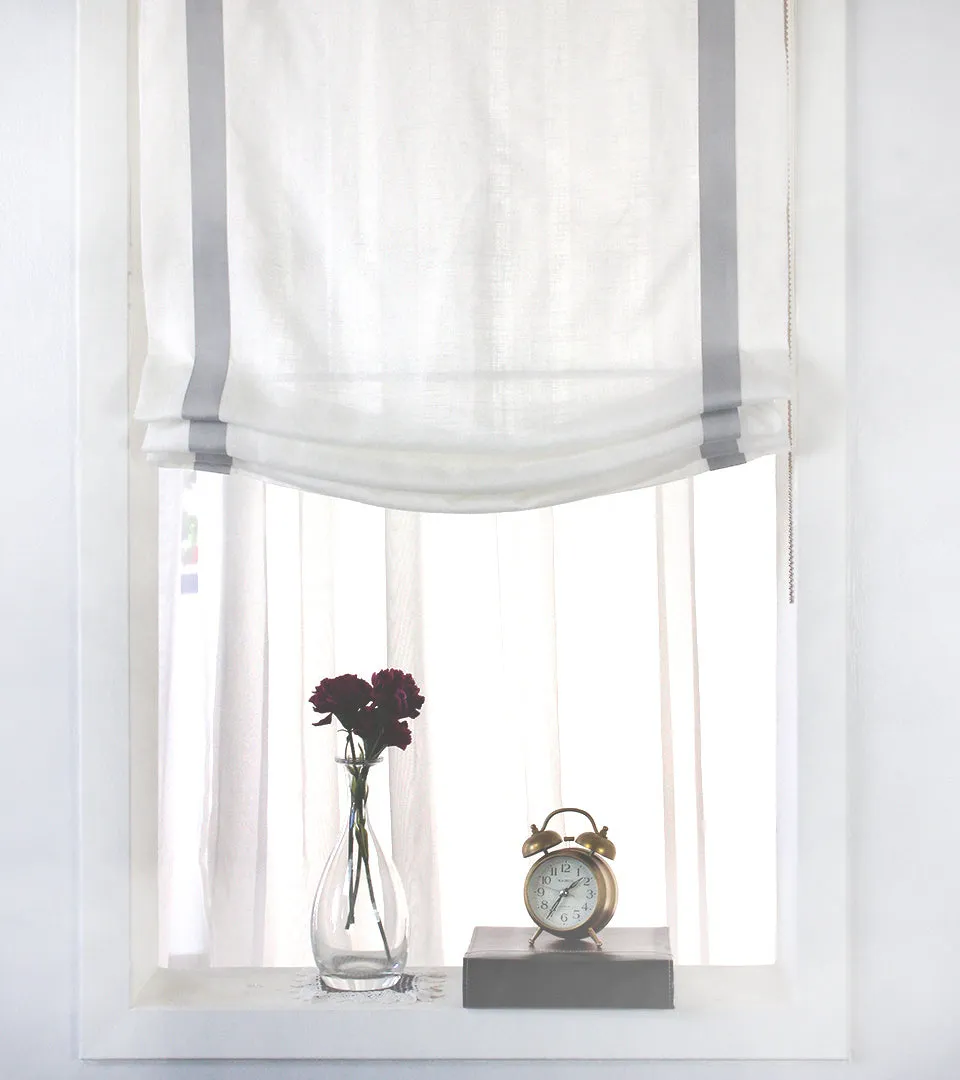 Grey Border White 100% Natural Linen Custom Relaxed Roman Shade/CL1010