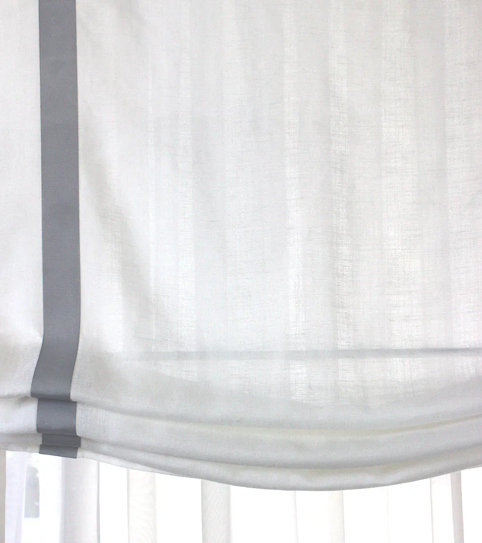 Grey Border White 100% Natural Linen Custom Relaxed Roman Shade/CL1010