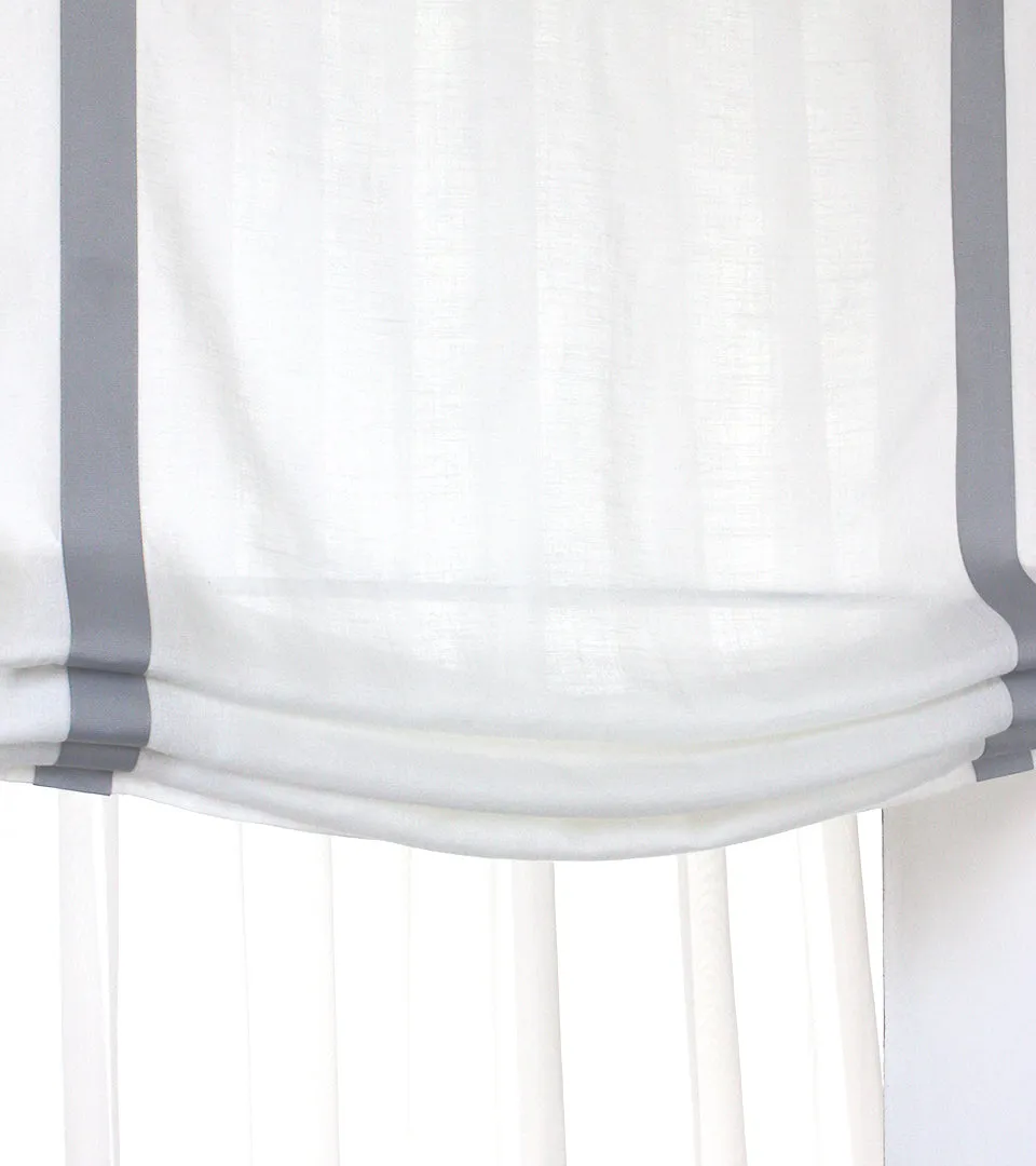 Grey Border White 100% Natural Linen Custom Relaxed Roman Shade/CL1010