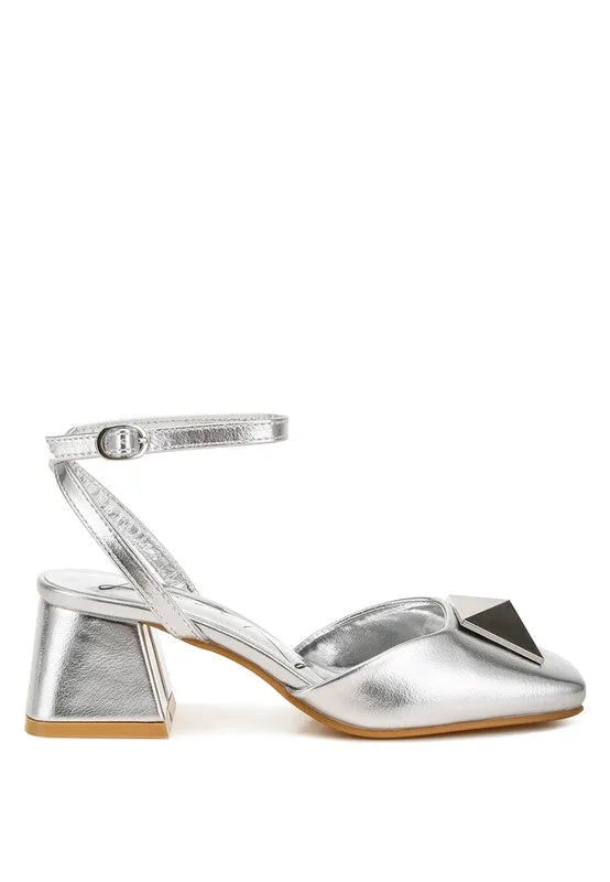 Griselda Brooch Detail Metallic Ankle Strap Sandals – Silver, Vegan Leather, Low Block Heels