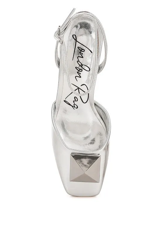 Griselda Brooch Detail Metallic Ankle Strap Sandals – Silver, Vegan Leather, Low Block Heels