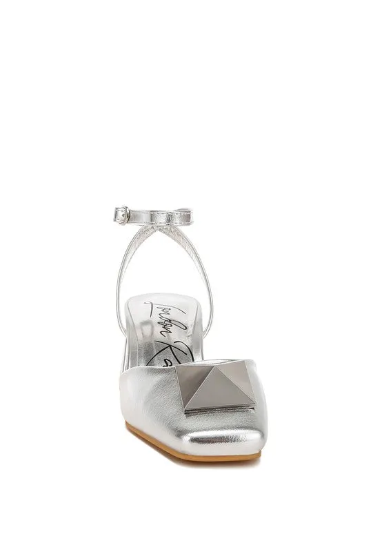Griselda Brooch Detail Metallic Ankle Strap Sandals – Silver, Vegan Leather, Low Block Heels