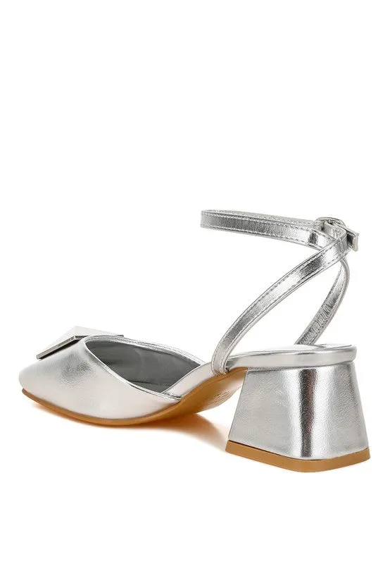 Griselda Brooch Detail Metallic Ankle Strap Sandals – Silver, Vegan Leather, Low Block Heels