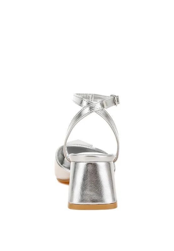 Griselda Brooch Detail Metallic Ankle Strap Sandals – Silver, Vegan Leather, Low Block Heels