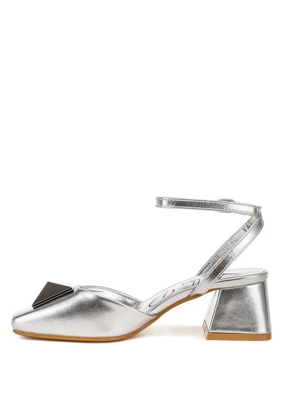Griselda Brooch Detail Metallic Ankle Strap Sandals – Silver, Vegan Leather, Low Block Heels