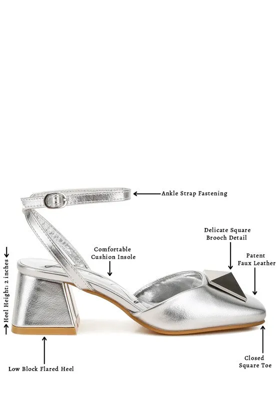 Griselda Brooch Detail Metallic Ankle Strap Sandals – Silver, Vegan Leather, Low Block Heels