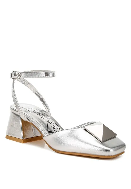Griselda Brooch Detail Metallic Ankle Strap Sandals – Silver, Vegan Leather, Low Block Heels