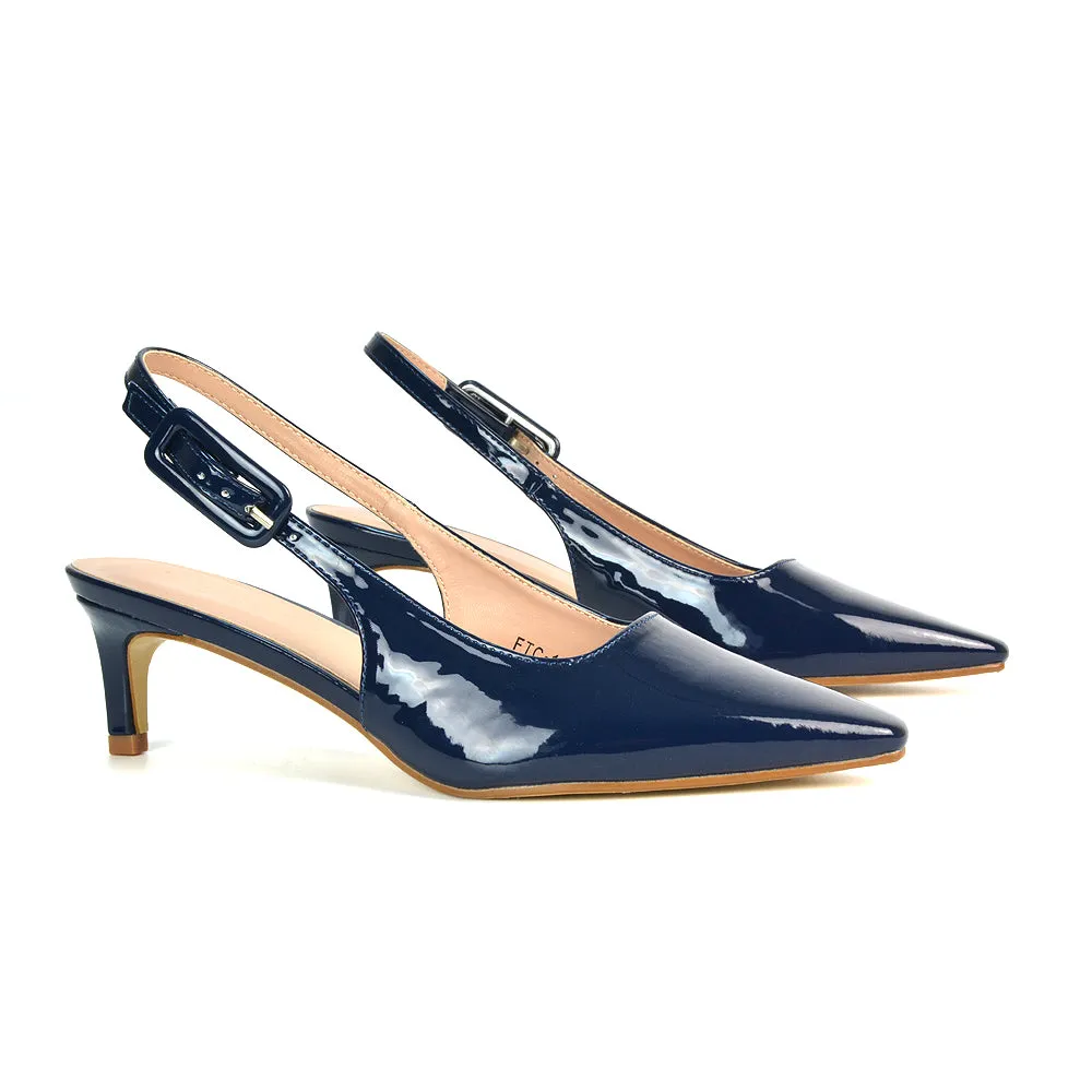 Kelly Low Kitten Heel Slingback Pointed Toe Court Shoes in Navy Patent