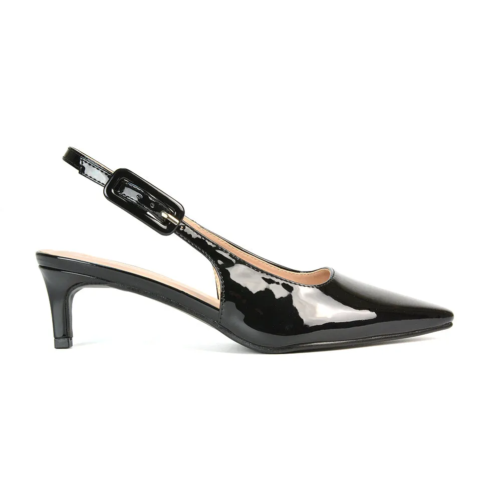 Kelly Low Kitten Heel Slingback Pointed Toe Court Shoes in Navy Patent