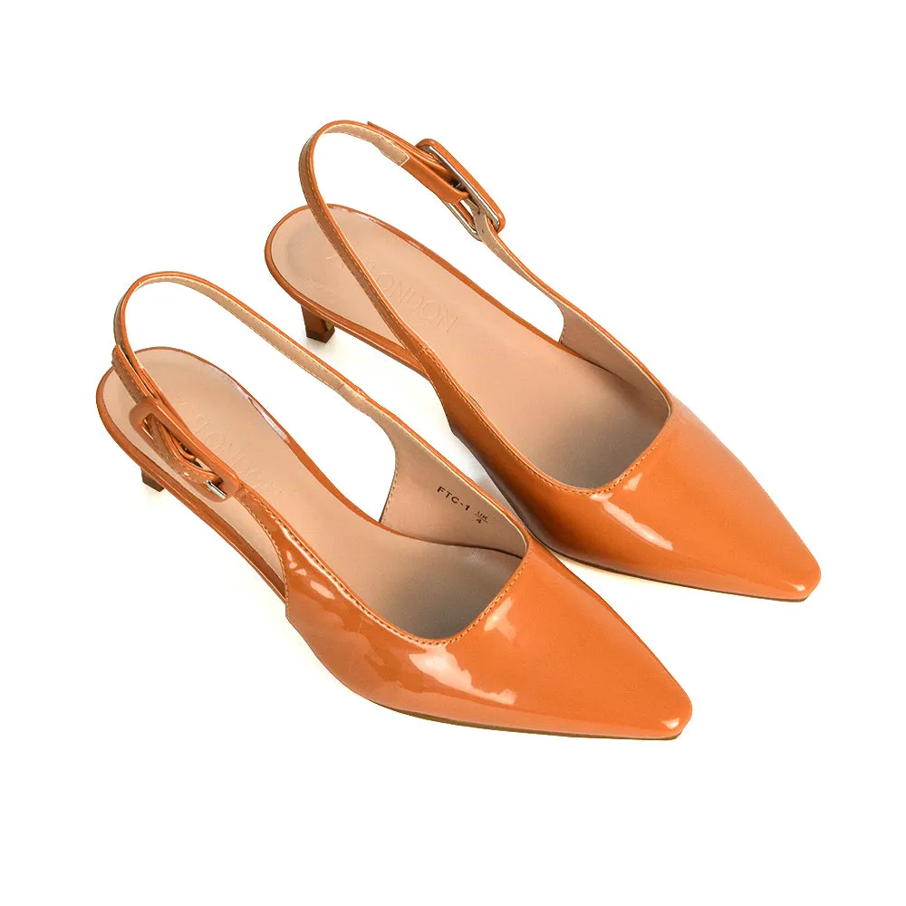 Kelly Low Kitten Heel Slingback Pointed Toe Court Shoes in Navy Patent