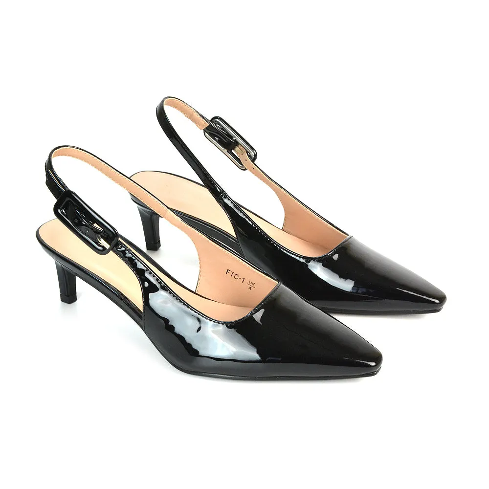 Kelly Low Kitten Heel Slingback Pointed Toe Court Shoes in Navy Patent