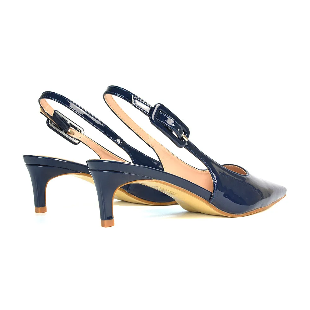 Kelly Low Kitten Heel Slingback Pointed Toe Court Shoes in Navy Patent