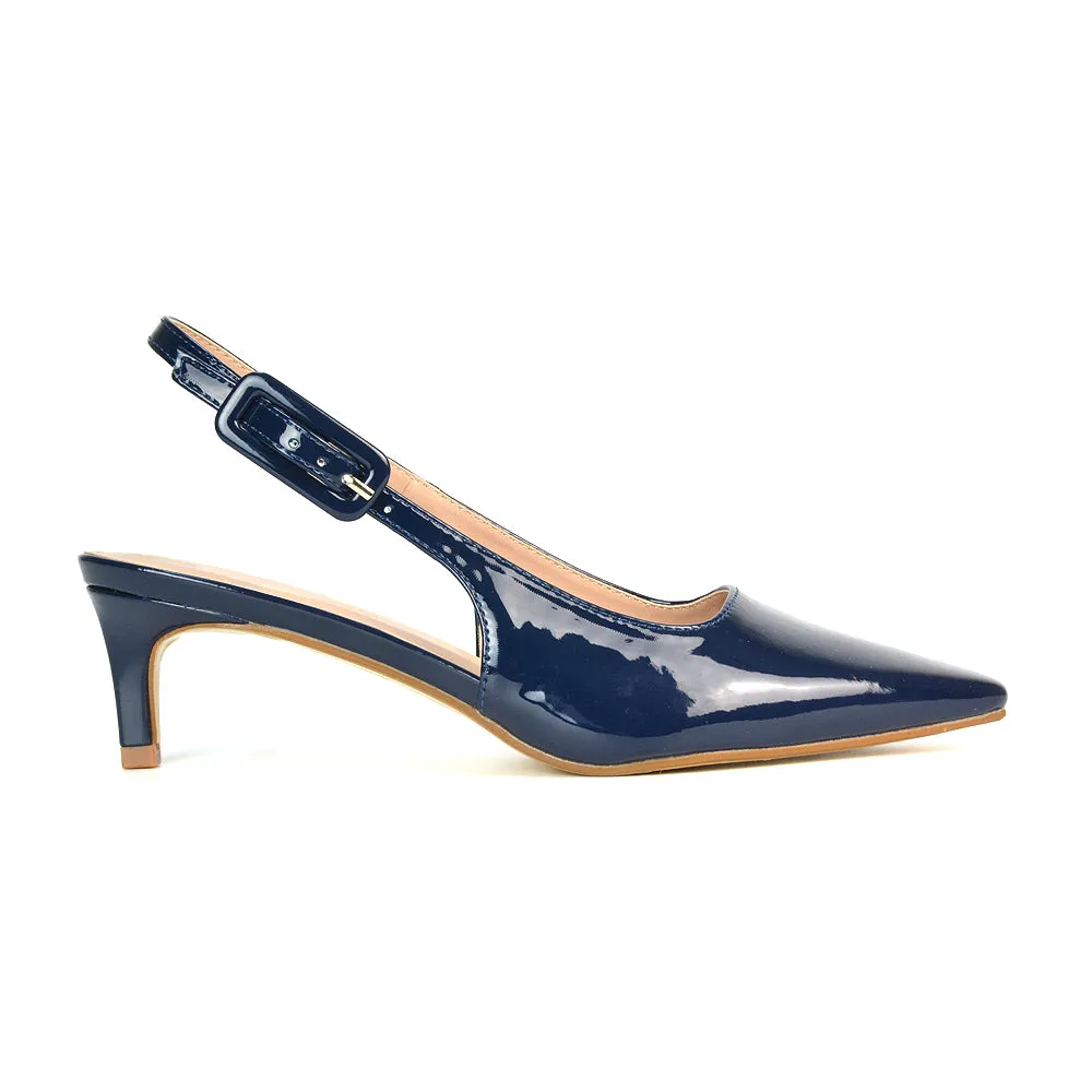 Kelly Low Kitten Heel Slingback Pointed Toe Court Shoes in Navy Patent