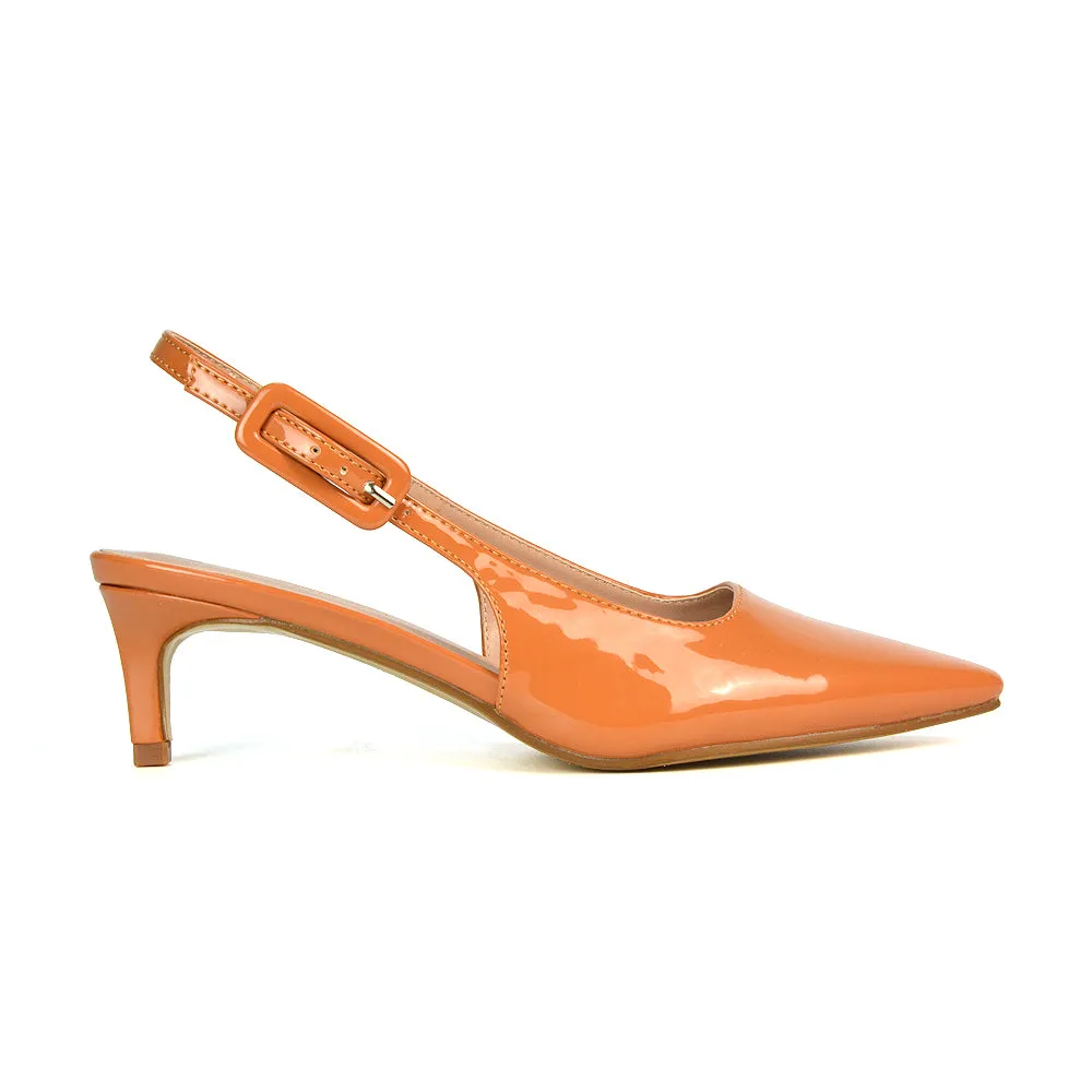 Kelly Low Kitten Heel Slingback Pointed Toe Court Shoes in Navy Patent