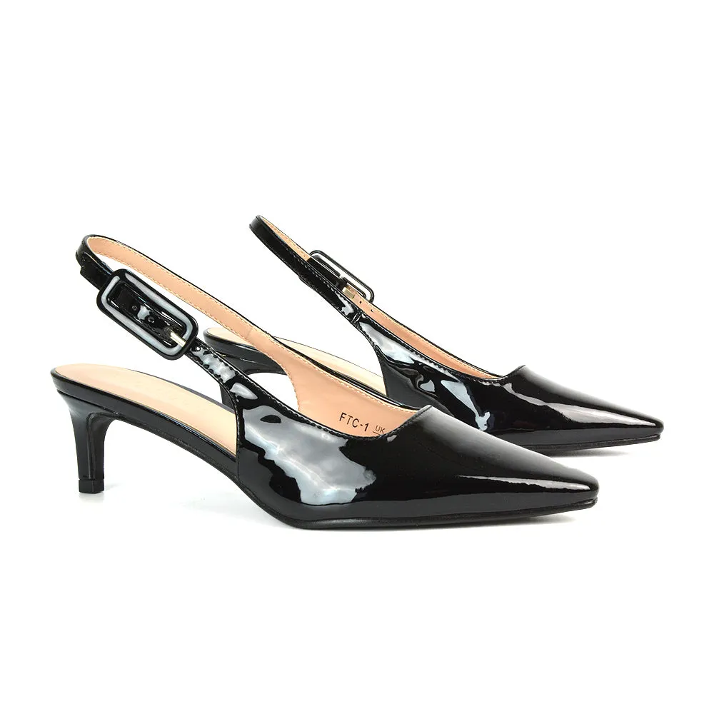 Kelly Low Kitten Heel Slingback Pointed Toe Court Shoes in Navy Patent